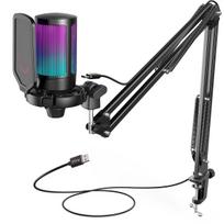 FIFINE USB Gaming Microphone Kit for PC,PS4/5 Condenser Cardioid Mic Set with Mute Button/RGB /Arm Stand,for Streaming Video-A6T juoda