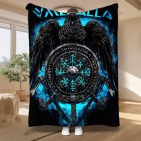 Viking Valhalla Raven And Vegvisir, Norse Mythology Enthusiast Gift, Soft Fleece Blanket, Blue Rune Shield Design, Cozy Home Decor Throw, Multi-Purpos 100X130CM
