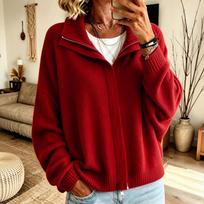 Women's Zip-Up Knit Cardigan with Lapel Collar Loose Fit Color Casual Sweater Jacket XL raudona