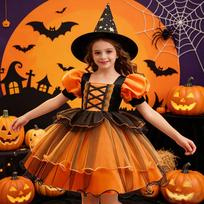 Mergaičių Helovino Cosplay Ragana Suknelė Pūstos Rankovės Moliūgų Tiulio Tutu 150cm oranžinė