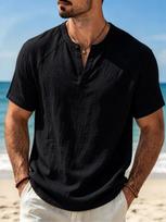 Men's Short Sleeve Textured Henley Shirt with Mandarin Collar and Button Placket - Lightweight Summer Beach Vacation Casual Top for Men. US S 50-60 KG