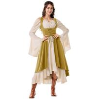 Womens Vintage Cosplay Party Costumes Halloween Pirate Costume Captain Huntress Clubwear Corset Dresses Renaissance GothicLong M beige