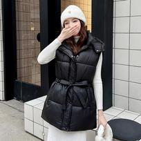 Autumn and winter milk silk cotton vest women's hooded waist lace-up sleeveless vest L gray