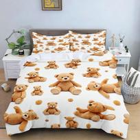 Cute Realistic Teddy Bear Duvet Cover Set 3PCS White Background Cookie Print Kids Bedding Set With Pillowcases 135X200CM