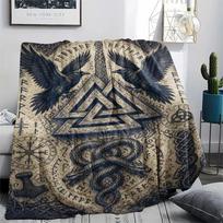 Norse Rune Raven Serpent Vintage Print Flannel Throw Blanket, Soft Warm Sofa Bed Cover, Mythology Home Decor Blanket 80cm x 120cm gray