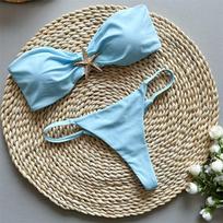 New Metal Star Bandeau High Cut Thong Bikini Women Swimwear Female Swimsuit Two-Pieces Bikini Set Bather Bathing Suit Swim S mėlyna