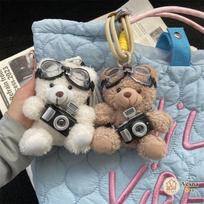 Brown Bear with Camera and Glasses Bag Charm Keychain, Cute Backpack Pendant with Black One Size gray