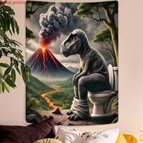 VIKAMA Funny T-Rex Dinosaur Toilet Tapestry Volcano Jungle Wall Hanging Humor Bathroom Washroom Decor Meme Wall Cloth 150X200CM