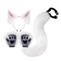 Realistic Animal Ears And Tail Faux Fur Costume Accessories Handmade Cat Ear Hairband Fox Halloween Claw Gloves Kit for Anime Cosplay Party white