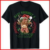 Have Yourself A Mooey Little Christmas Highland Cow Santa Black Cotton T-Shirt S