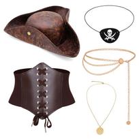 Pirate Costume Accessory Set: Headband, Waist Chain, Necklace, Eye Mask, Waistband for Halloween & Carnival Cosplay One Size black