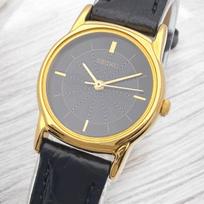 SEIKO Vintage Gold Black Dial Quartz Guilloché Ladies' Watch gray