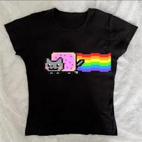 Ladies Cute Pixel Art Cat TShirt Retro Bit Design RainbowToast CartoonGraphic Casual Short Sleeve Daily StreetwearFashion Tee S