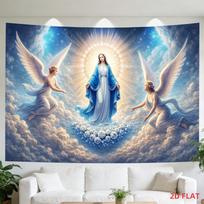 Prabangus angelo ir Mergelės Marijos gobelenas Sienai Kabinamas Dieviškos Mėlynos Spalvos Dangaus Debesų Menas Dvasinė Miegamojo Dekoro Spaudinys 100X150CM