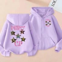 Stylish Girls' Hooded Zip-up Jacket, KATSEYE Group Graphic Print Hoodie Collection KATSEYE Children's Casual Zip-up Top 140 gray