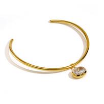 Stainless Steel Choker Necklace Luxury Gold Plated Oval Pendant Necklace Sparkling Zircon Choker for Women Jewelry 16inches(40.64cm) beige