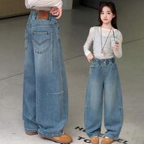 Children‘s Fashion Vintage Wide Leg Baggy Jeans for Teen Girls Casual Loose Straight Denim Pants Kids Spring Fall Trousers 150 gray