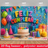 Spanish Happy Birthday Banner Backdrop, Colorful Balloon Cream Cake Gift Triangle Flag Cap, Polyester, Party Decor 39.37*59.06in blue