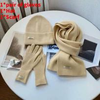Medvilnės megztas žiemos kepurės, šaliko ir pirštinių rinkinys moterims su raštuotu raštu Beige white