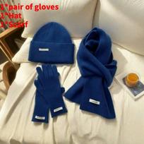 Medvilnės megztas žiemos kepurės, šaliko ir pirštinių rinkinys moterims su raštuotu raštu Royal Blue gray