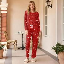 Women's Stylish Casual Printed Pajama Set Round Neck Loose Fit Two Piece Sleepwear XXL raudona