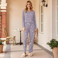 Women's Stylish Casual Printed Pajama Set Round Neck Loose Fit Two Piece Sleepwear XL šviesiai pilka spalva