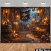 Washable 2D flat skull pirate-themed background fabric including skull flags barrel skulls treasure chests bones and oil 118×59inch/300*150cm