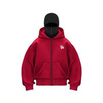 Trendy Brand Velvet Double Hat Unique Design Hooded Sweatshirt for Autumn and Winter, New Unisex Loose Y2K Sweatshirt L raudona