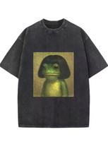 Funny Bob Haircut Frog Meme Graphic T-Shirt,Oversized Retro Washed Tee For Men Women Travel Daily Vacation Casual Street Outfits 140 black