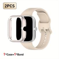 2 vnt. rinkinys, skirtas Redmi Watch 5/6, sportinis dirželis, krištolinis tuščiaviduris apsauginis dėklas, klasikinis verslo kvėpuojantis vientisos spalvos dirželis For Redmi Watch 6 black