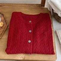 Women's Pony Embroidered Cable Knit Cardigan, Autumn Winter Early Spring Retro Round Neck Red White Long Sleeve Sweater Coat one size vyno raudonos spalvos