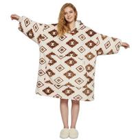 Džemperis-antklodė 2in1 Oversize Storas Sherpa Smėlio spalvos Abstraktaus rašto — šilti namų drabužiai, dovana šąlantiems, Universalus