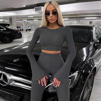 2024 Euro-American Style Women's Slim Fit High-Waist Flared Pants Set - Long-Sleeve, Autumn/Winter Sportswear Medium pilka spalva