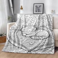 Healing Hand-Drawn Style Flannel Printed Blanket, Sleeping Cat Starry Sky Theme Coloring Style Cover, Delicate Outline Artistic Home Blanket, Multi-Us 75X95CM gray