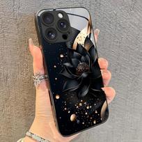 Prabangus juodas lotoso gėlės rašto grūdintas stiklas telefono dėklas, skirtas iPhone 17 16 15 14 13 12 11 Pro Max 17Air 7 8 Plus XR XS X Dangtelis iPhone 12 Pro Max