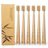 TIKITAKA FTG Boar Bristle Bamboo Toothbrush, Set of 6, Firm Natural Bristles, Curved Bamboo Handle, Self-Standing, Family Use, Adult Size beige