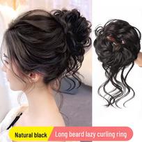 High-Temperature Silk Curly Hair Bun: Messy Fluffy Bridal Wig with Flower Bud Design Rubber Band Long Beard Hair Band