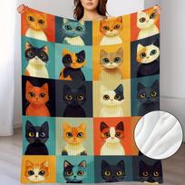 Retro Geometric Cat Faces Print Flannel Throw Blanket - Soft Warm All-Season Multi-Use for Sofa Office Dorm Camping - Machine Washable Cozy Gift for C 75X95CM black
