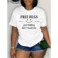 Free Hugs Just Kidding Don't Touch Me Women's Tee Funny Introvert Graphic Casual Black Top 2XL white