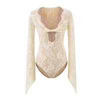 Spicy Girl Lace Patchwork V-neck Bodysuit – Stylish & Sexy Jumpsuit M (suggested 47.5-53 kg) white