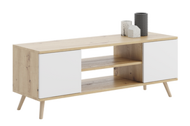 TV spintelė „FOCUS“, 155 cm, medinės kojelės, ąžuolo „Artisan“ dekoras / Balta