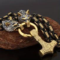 Men's Retro Nordic Wolf Head Viking Hammer Pendant Necklace Amulet Chain Length 70cm black