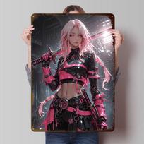 Cyberpunk Pink-Haired Warrior With Katana Metal Poster Customized Wall Art Retro Vintage Tinplate Signs for Man Cave Desk Decor 20X30CM black