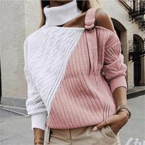 Women's  And Winter Loose Two-color Contrast Stitching Long-sleeved Stand Collar One Side Strapless Knit Sweater Top S rožinė