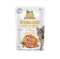 Brit Care Cat Sterilized Fillets in Gravy with Savory Salmon&Tuna konservuotas pašaras katėms pakelis 85 g