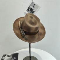 Design Spray Paint Fire Charred Wind Retro Old Woolen Jazz Hat Felt Top Hat Feather Decoration Flat Edge Hemming M（56—58cm） gray