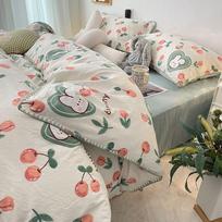 Purple Tulip Princess Wind Double Yarn Four-piece Set Shell Edge Washed Cotton Quilt Cover Bed Sheet Dormitory 3-piece Set 1.5m bed