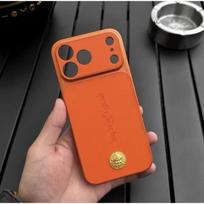Prabangus odinis pilnos kameros apsaugos telefono dėklas, skirtas iPhone 17 Air 16 15 14 13 Pro Max, atsparus pirštų atspaudams dangtelis su kameros mygtuko apsauga iPhone 14 oranžinė