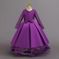 Long Sleeve Lace Satin Spliced Girl Bow Tulle Princess Dress 150cm violetinė