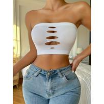 Strapless Cutout Ribbed Tube Top Sexy Hollow Out Crop Top for Club Party Streetwear L balta